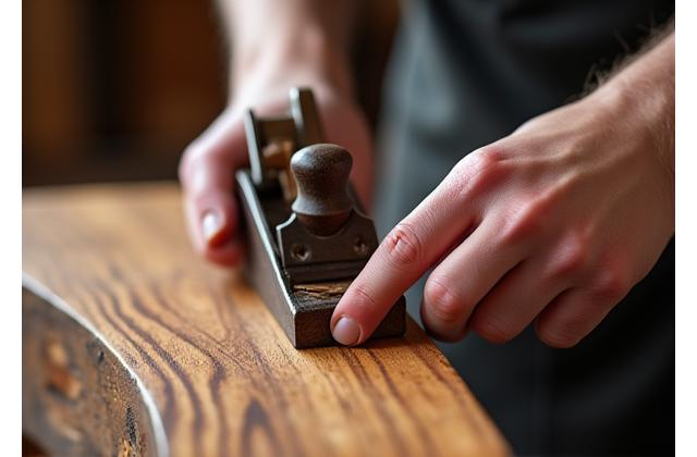 Main d'artisan travaillant le bois avec un rabot, détails du grain