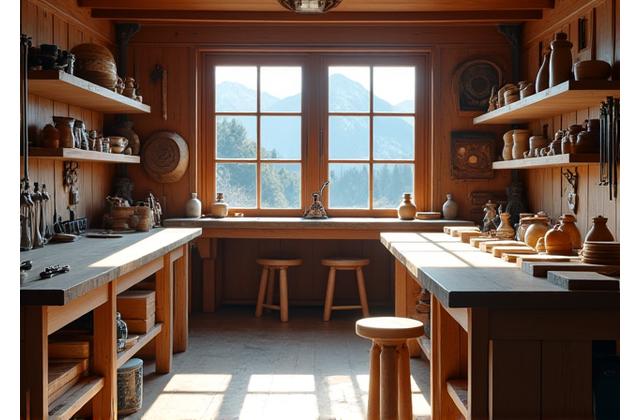 Intérieur d'un atelier de menuiserie à Chamonix, lumière naturelle, outils traditionnels