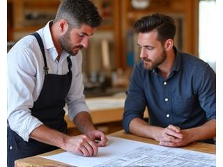 Artisan menuisier discutant d'un plan avec un client dans un atelier