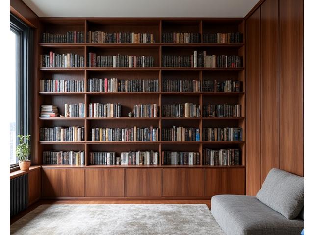 Bibliothèque sur mesure en noyer intégrée au mur